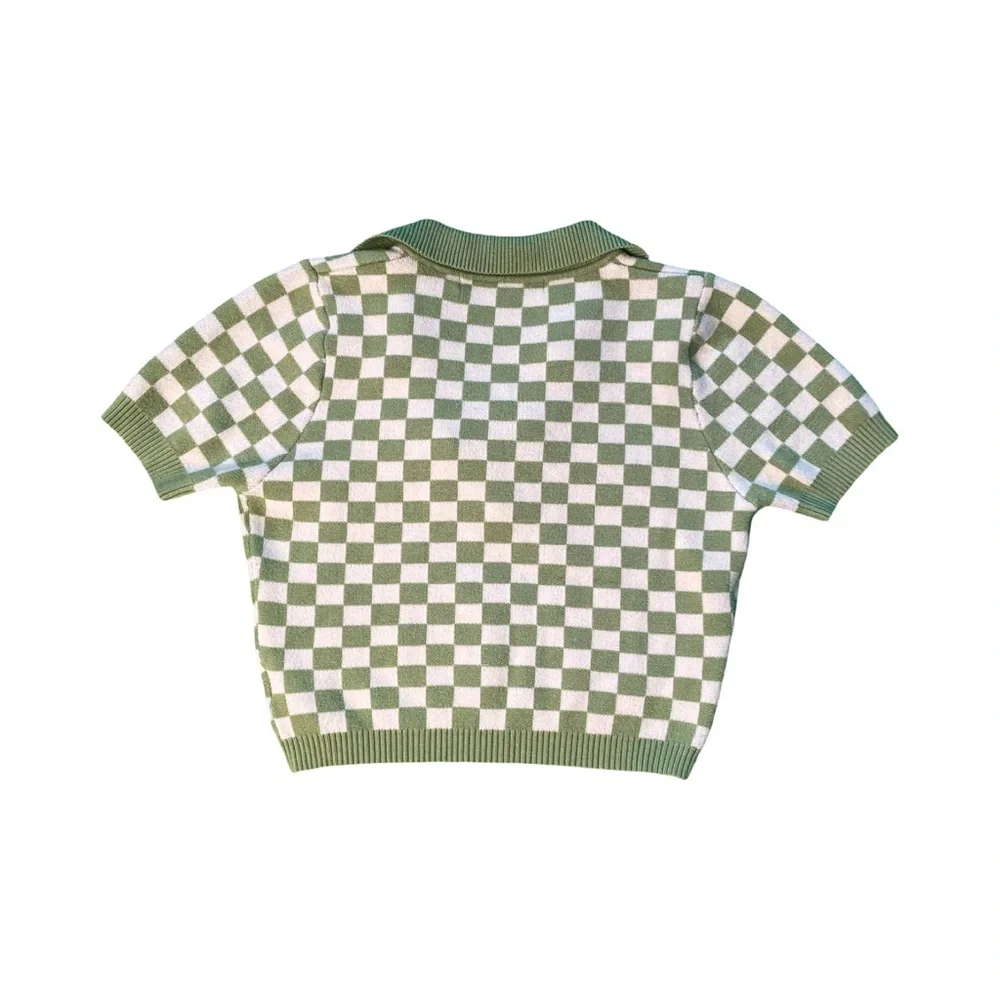 Hesperus Green Checkered Collared Crop Top Sweater Short Sleeve (Size M) - Picture 3 of 8